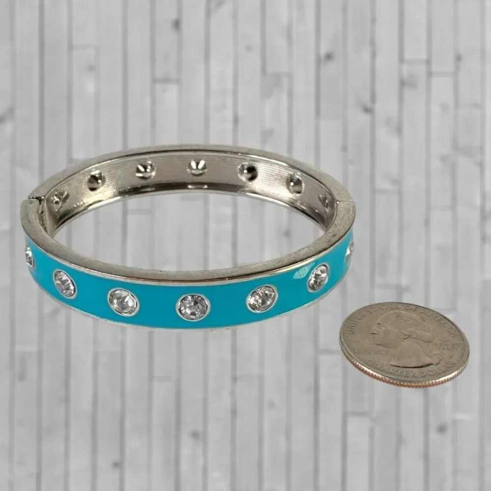 Vintage Enamel Rhinestone Studded Bracelet Turquoise Blue Hinged Bangle Clamper